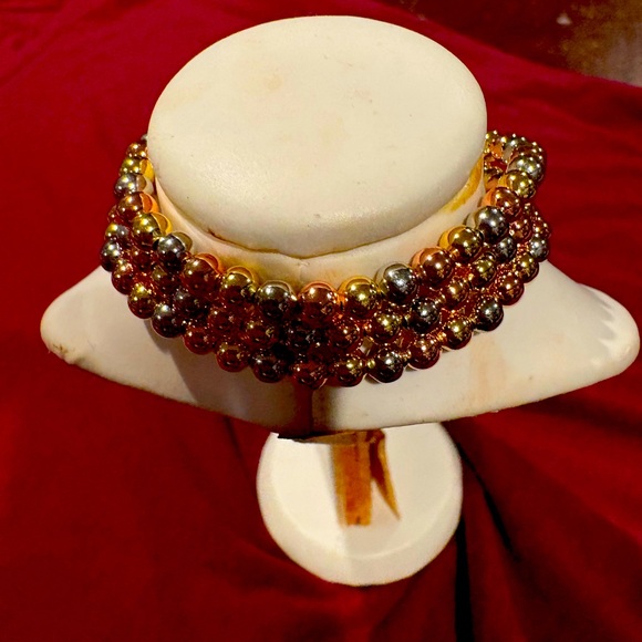 3 Piece Titanium Gold, White Gold & Rose Gold Matte Round Balls Bead Bracelet - Picture 3 of 5